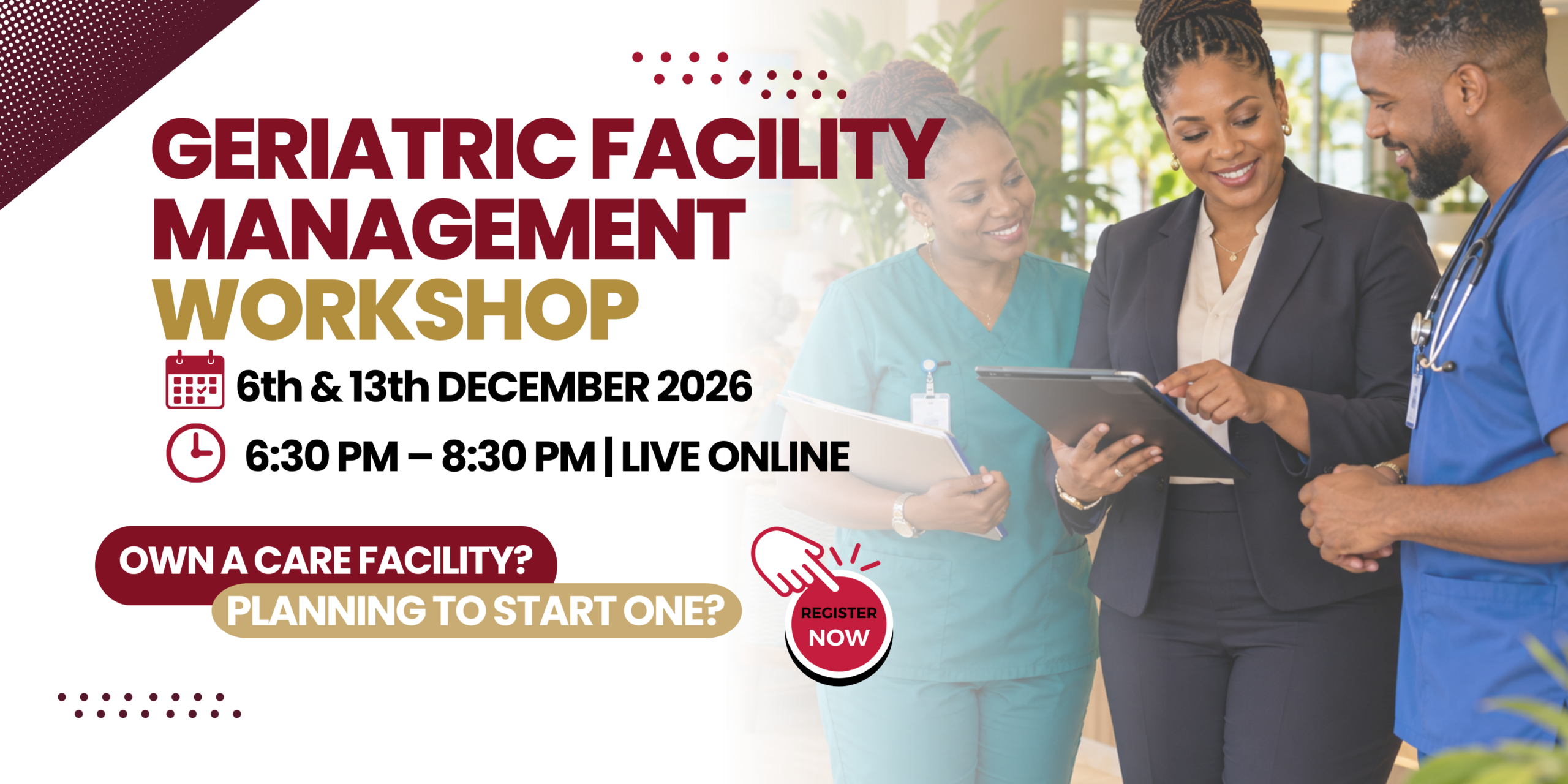 Caribbean geriatric facility manager reviewing care operations with staff in a retirement home, representing leadership, resident safety and elderly care management.