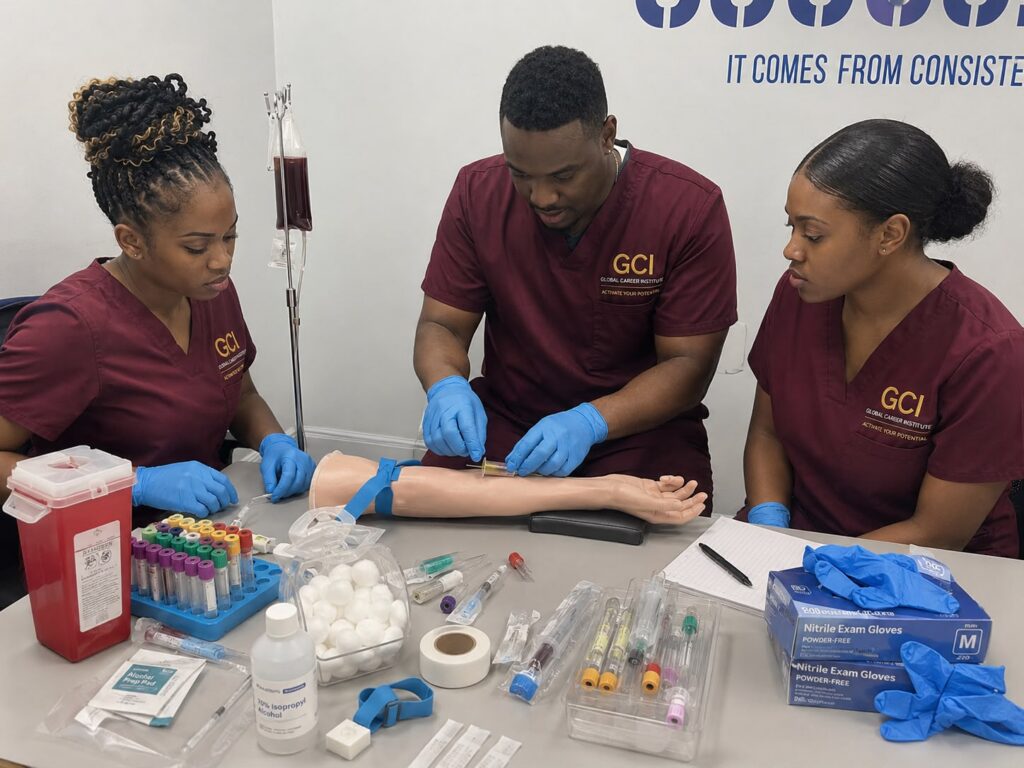 Phlebotomy Technician students completing practical blood collection training at Global Career Institute in Trinidad and Tobago