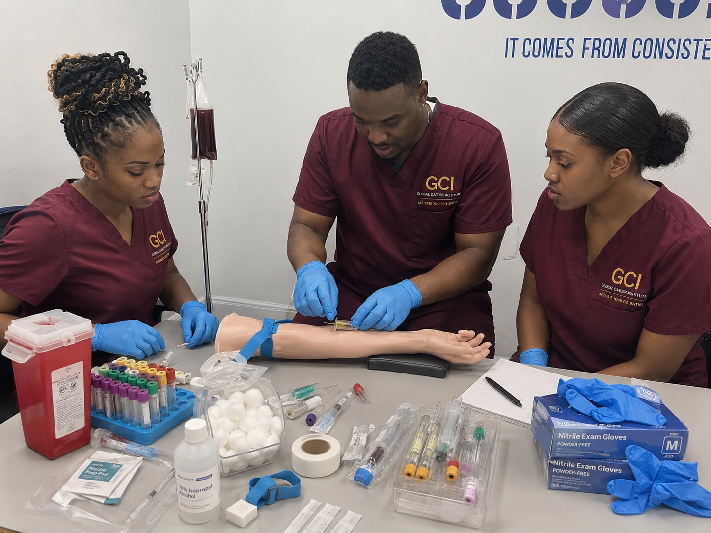 Phlebotomy Technician students completing practical blood collection training at Global Career Institute in Trinidad and Tobago