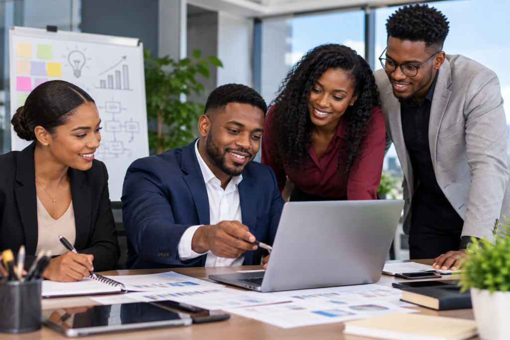 Caribbean business professionals collaborating on business development, entrepreneurship and growth strategies in a modern office