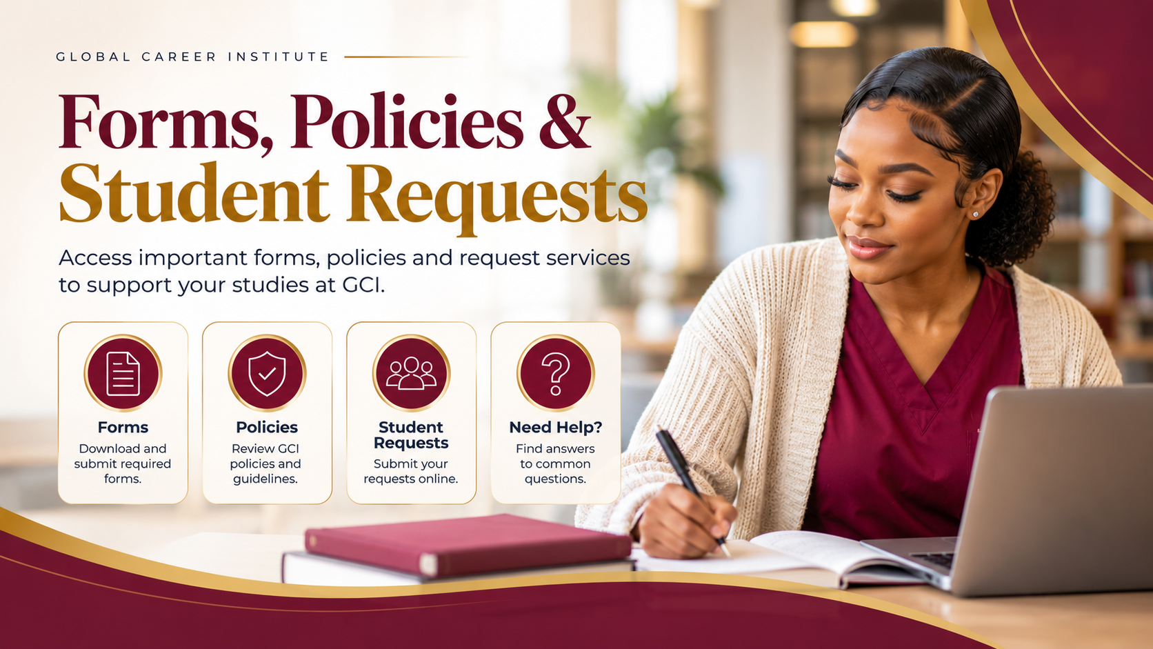 Global Career Institute student accessing forms, policies and student request services online