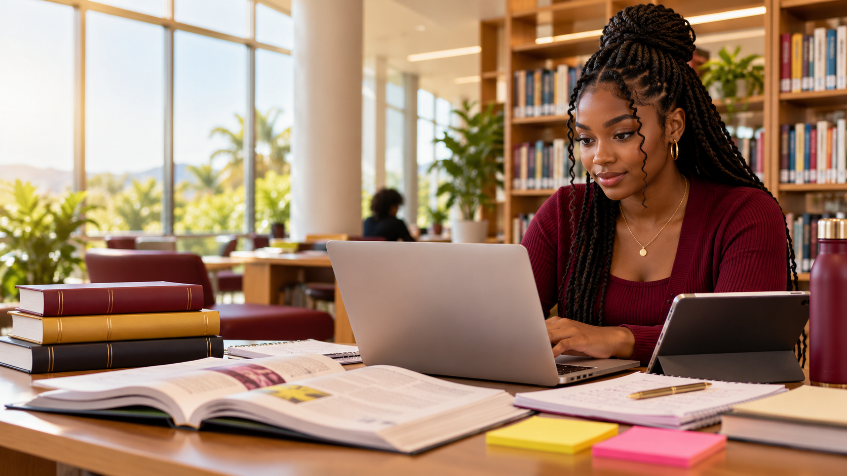 GCI student using a laptop and digital study resources in a library setting