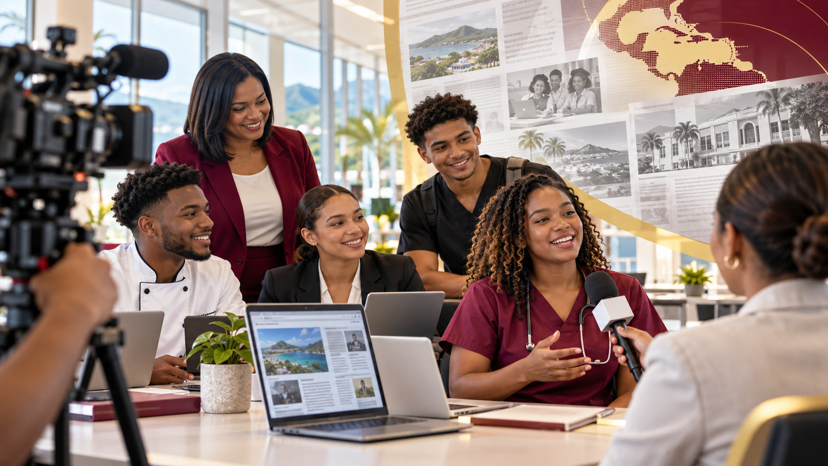 GCI students and professionals being interviewed by the media in a modern Caribbean education setting.