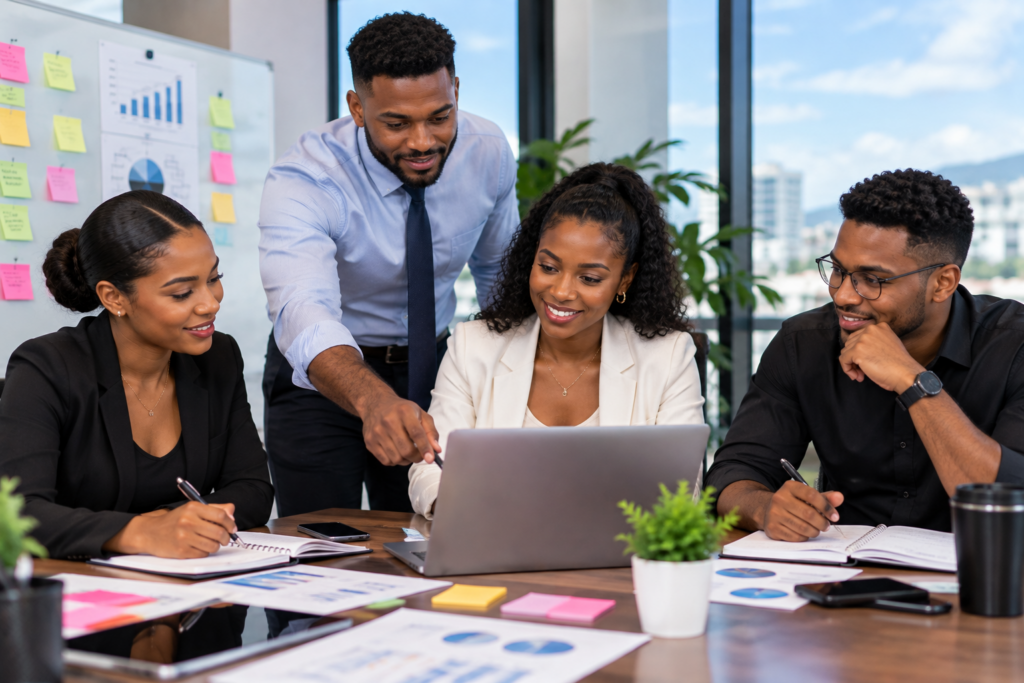 Caribbean project management team reviewing project plans, schedules and performance documents in a modern office