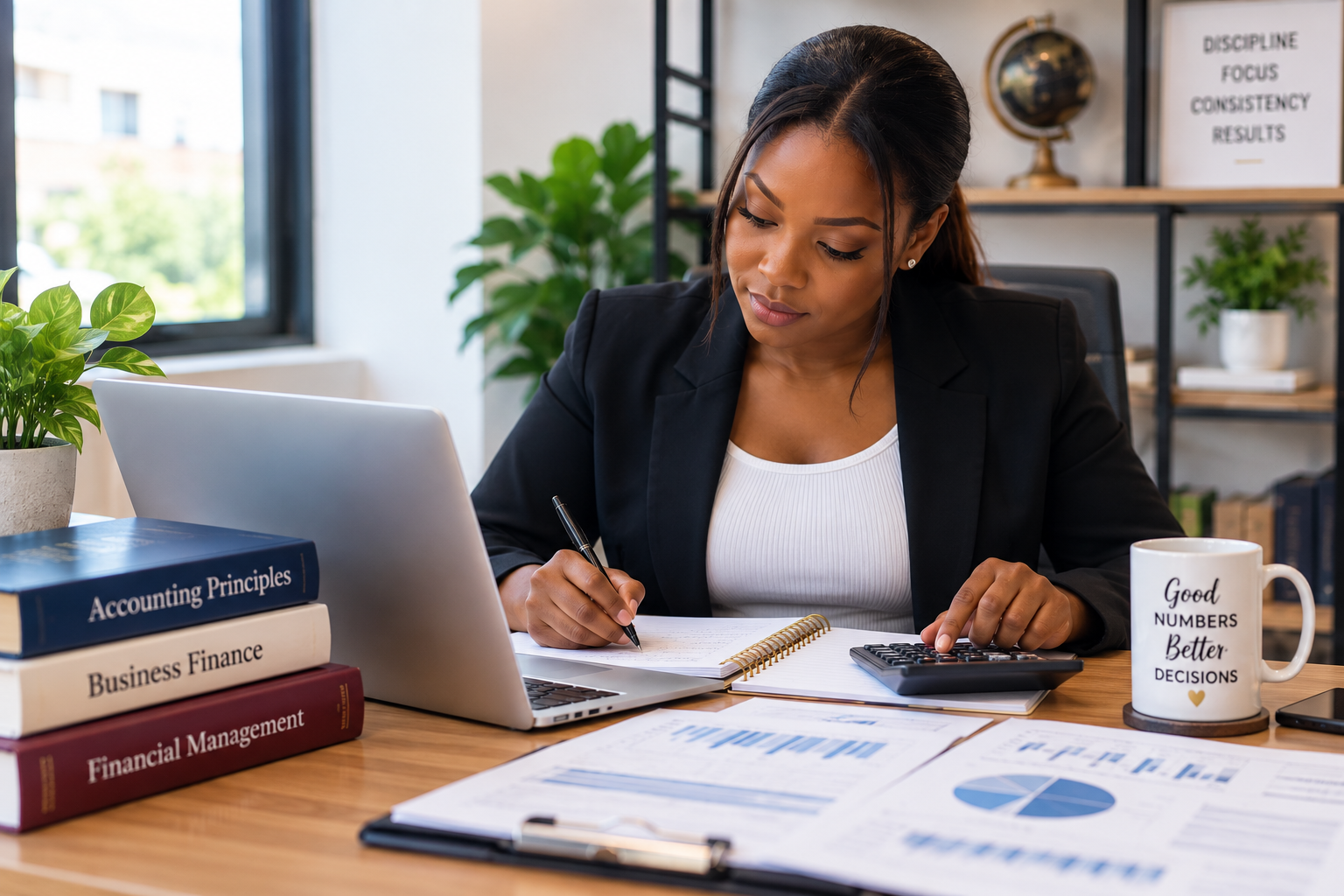 Professional completing practical accounting and finance tasks using a laptop, calculator and financial reports.