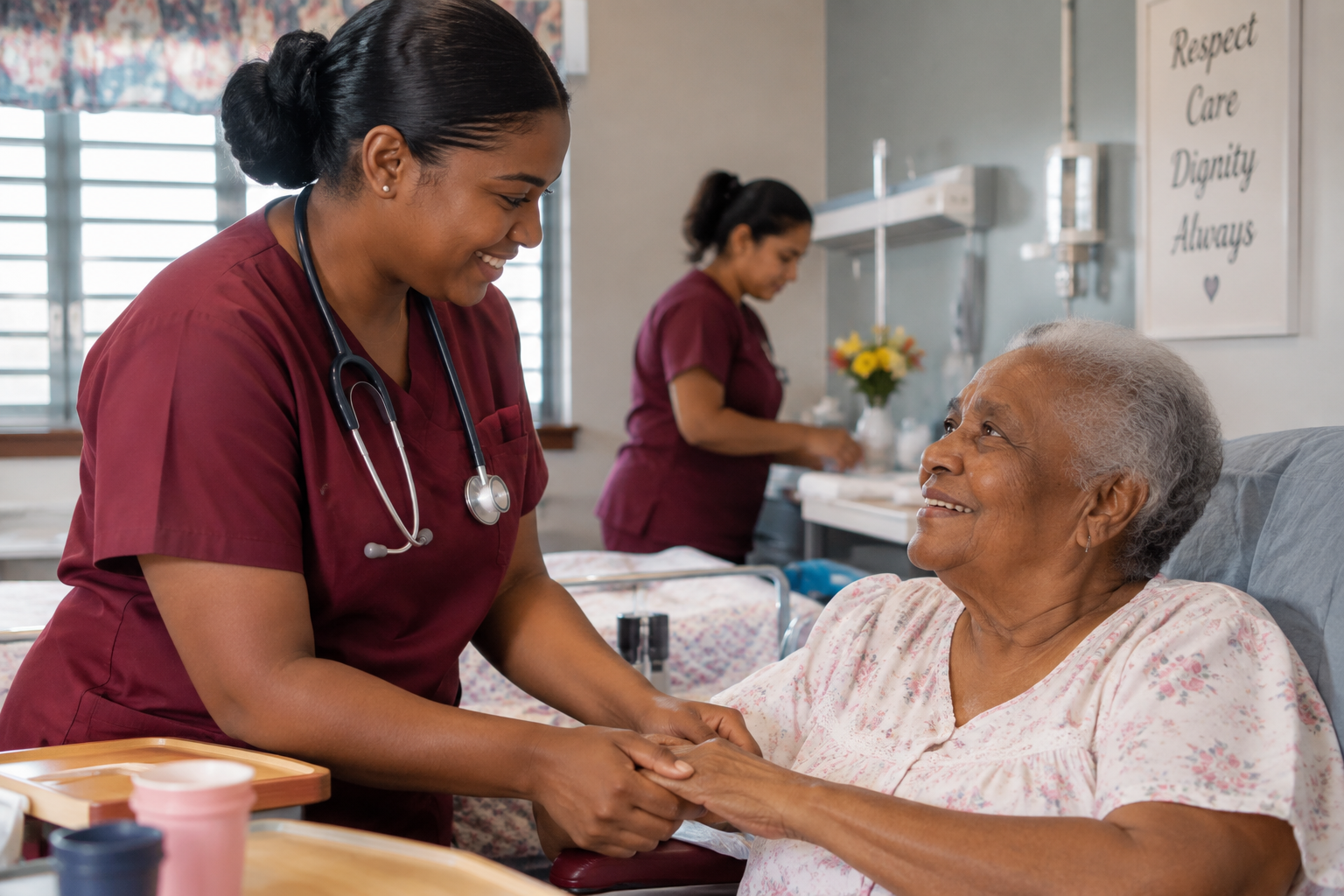 Geriatric Nursing student providing supervised elderly-care support during training at Global Career Institute in Trinidad