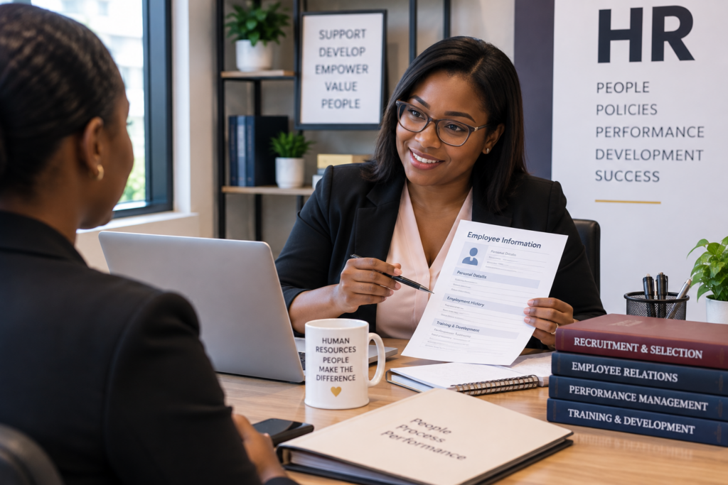 Human resource professional reviewing employee records and workforce information in a modern office