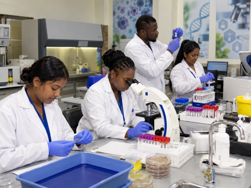 Medical Laboratory Assistant students completing practical laboratory training at Global Career Institute in Trinidad