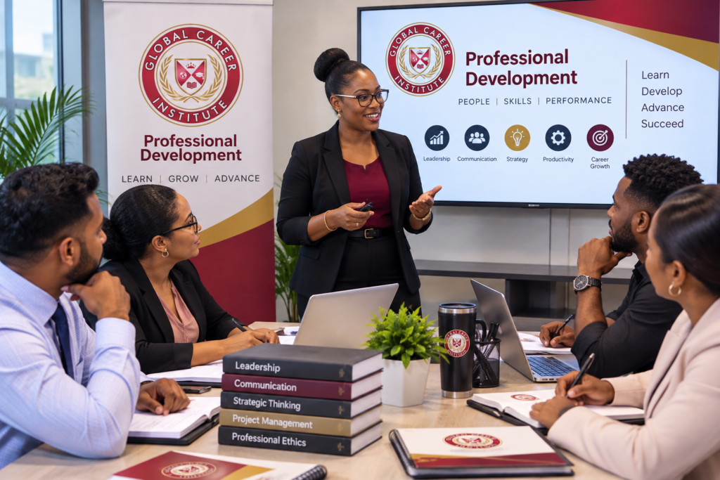 Professionals participating in a Global Career Institute professional development training session focused on leadership, communication and career growth